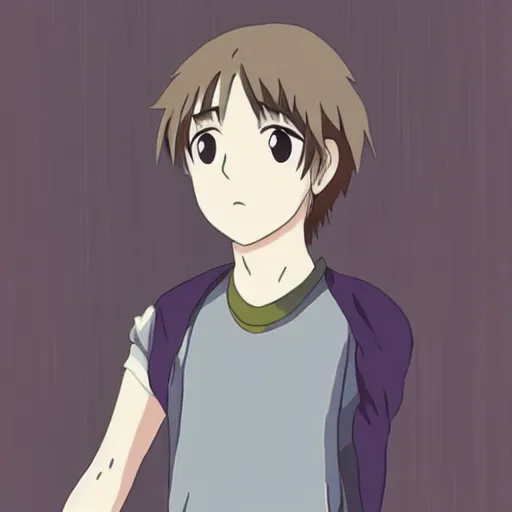 Image similar to ryan gosling in anime style, ghibli, spirited away, weather child, your name is