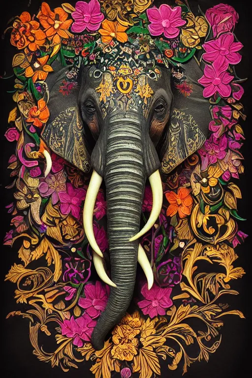 Image similar to Painted dark-wood relief carving of a Flowerpunk Matriarch Elephant, explosion of colorful flowers, dark wood, intricately carved, black ink, festival of rich colors, intricate details, cinematic lighting, volumetric lighting, post-processing, by andreas rocha and john howe, and Martin Johnson Heade, featured on artstation, featured on behance, golden ratio, hyper detailed, photorealistic, epic composition, center spotlight, f32, well composed, UE5, 8k