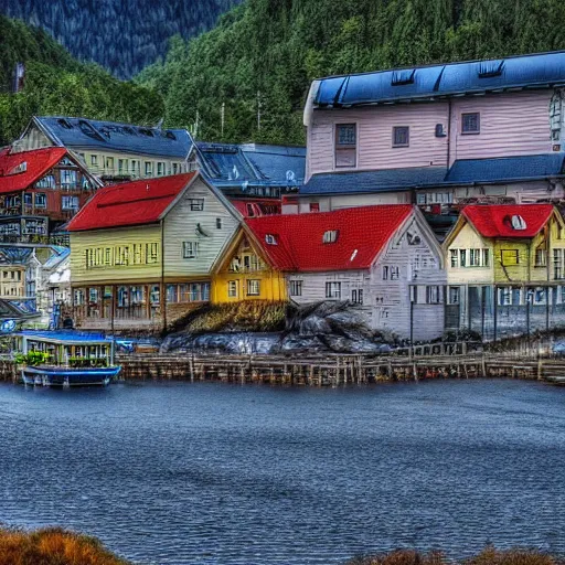 Image similar to tsunami hits bergen norway, real event, realistic, hdr, clear image,