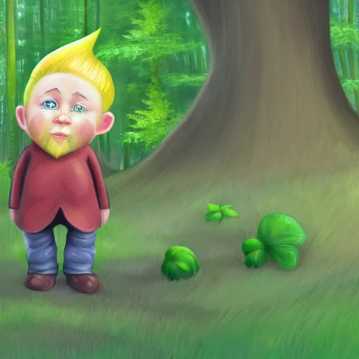 Image similar to a gnome with blonde hair, green eyes, and light maple colored skin lurking in the forest, digital art