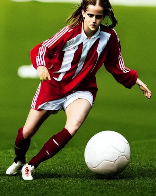 Image similar to emma watson as lokomotiv football player, hyper realistic, highly detailed