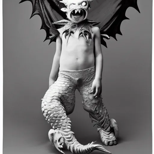 Image similar to by herve guibert, by georg baselitz soft fish - eye lens. a conceptual art of a young boy disguised as a dragon. the boy is shown wearing a costume with dragon - like features, including a long tail, wings, & horns. he has a large grin on his face, suggesting that he is enjoying his disguise.