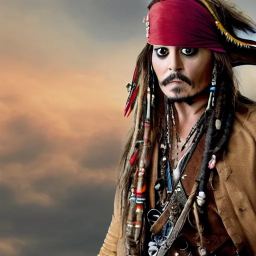 Image similar to johnny depp as jack sparrow with a parrot on the shoulder, realistic portrait, 8k resolution, hyper detailed, studio lighting, cinematic