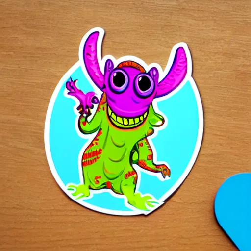 Image similar to sticker illustration of a cute monster. bright colors. bold outlines.