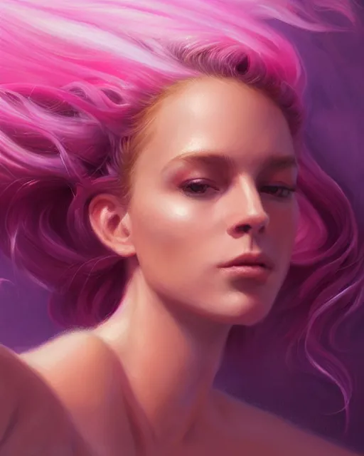 Image similar to female influencer taking a selfie, perfect face, pink halter top, flowing hair, abs, cinematic, stunning, adorable, cute, athletic, strong, agile, highly detailed, psychedelic, digital painting, artstation, smooth, hard focus, illustration, art by jessica rossier and and brian froud