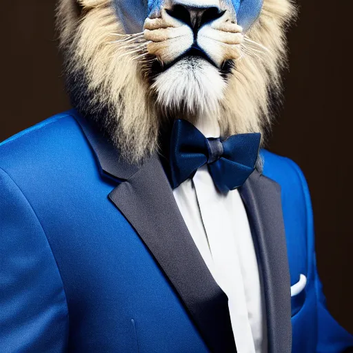 Image similar to a studio photograph of a blue lion wearing a tuxedo suit,professional photography,studio lighting,studio photo,professional lighting,3 point lighting,dramatic,4k,detailed face,hyperdetailed,photorealistic