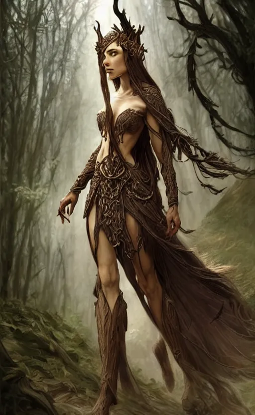 Prompt: female wood elf, druid, woodland, dramatic pose, d & d, fantasy, intricate, very beautiful, highly detailed, elegant, digital painting, artstation, concept art, matte, smooth and sharp focus, rpg artwork, illustration, by rene maritte and tian zi and wlop and alsphonse mucha and artgerm and and pino daeni and dan mumford,