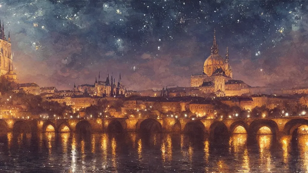 Image similar to a beautiful painting of a view from the river of a arabian prague cathedral palaces, at night with a sky full of stars, intricate, elegant, highly detailed, digital painting, artstation, concept art, by krenz cushart and artem demura and john williams waterhouse