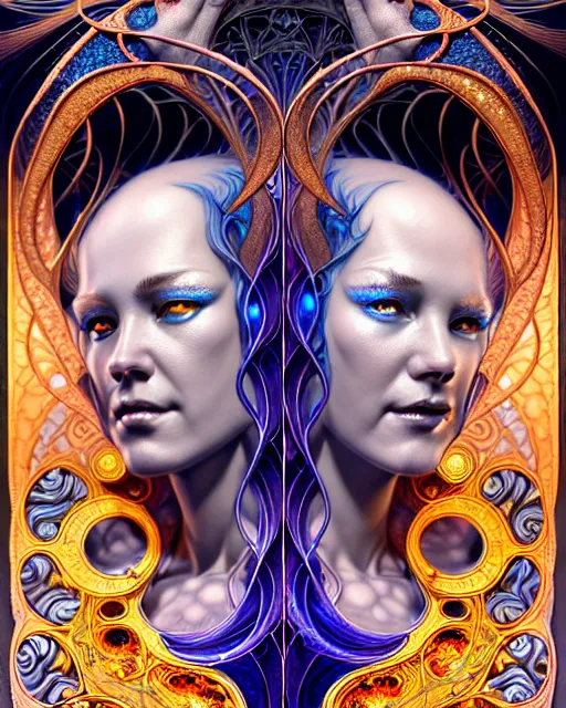 Image similar to a portrait of gemini water and fire fantasy character portrait made of fractals facing each other, art nouveau mandala, ultra realistic, wide angle, intricate details, the fifth element artifacts, highly detailed by peter mohrbacher, hajime sorayama, wayne barlowe, boris vallejo, aaron horkey, gaston bussiere, craig mullins