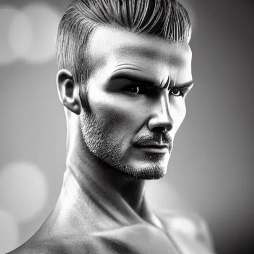 Image similar to “a realistic detailed photo of a guy who is an attractive humanoid who is half robot and half humanoid, who is a male android, David Beckham, shiny skin, posing like a statue, blank stare”