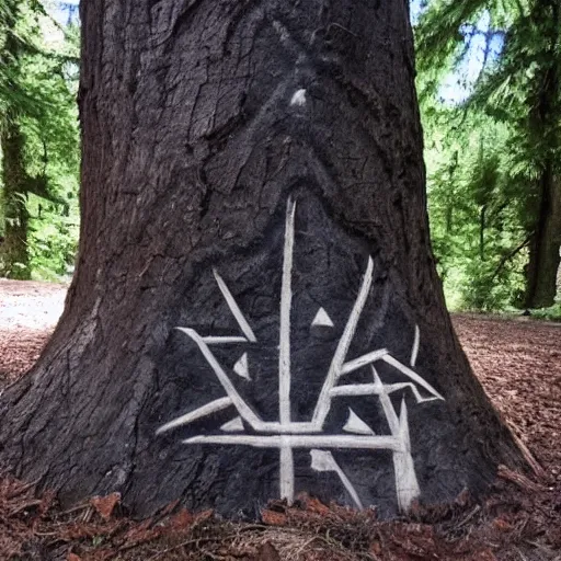 Prompt: creepy cult markings carved in tree