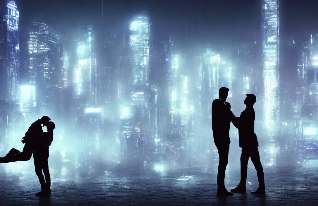 Prompt: men kissing in front of a foggy view of cyberpunk style future city, neon lights, a hyper realistic professional photographic view,very beautiful scenery, very realistic painting effect, hd, hdr, cinematic 4k wallpaper, 8k, ultra detailed, high resolution,