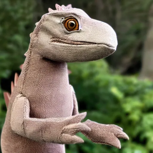 Prompt: a cute velociraptor plush toy