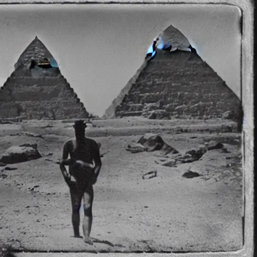 Image similar to tintype photo, underwater, Bigfoot walking in front of the pyramids