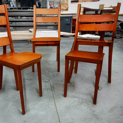 Prompt: three chairs and five spoons in a garage