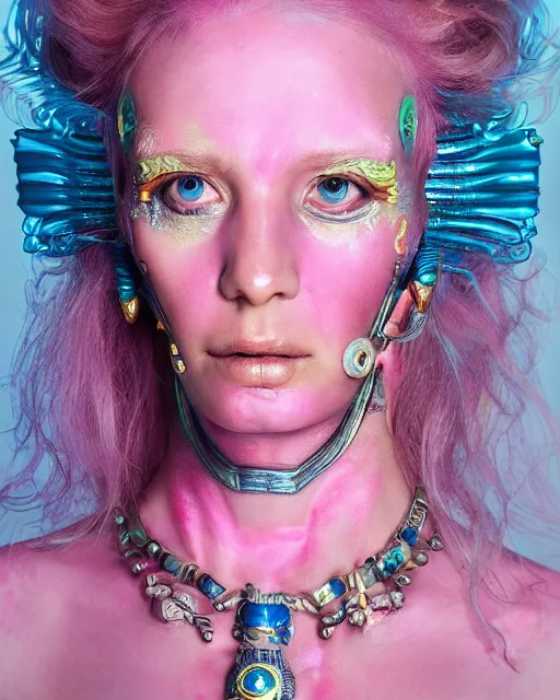 Prompt: natural light, soft focus portrait of a android with soft synthetic pink skin, blue bioluminescent plastics, smooth shiny metal, elaborate ornate head piece, piercings, face tattoo and scars, skin textures, by annie liebovotz, paul lehr,