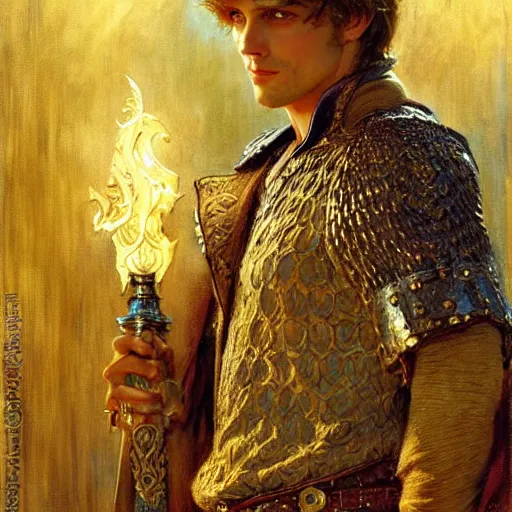 Image similar to handsome arthur pendragon in love with handsome merlin the mage. merlin is also in love with arthur. highly detailed painting by gaston bussiere, craig mullins, j. c. leyendecker