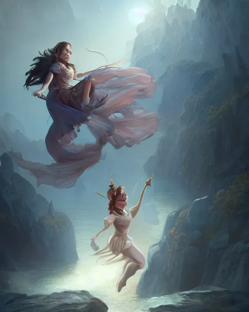 Image similar to princess falling, highly detailed, d & d, fantasy, highly detailed, digital painting, trending on artstation, concept art, sharp focus, illustration, global illumination, shaded, art by artgerm and greg rutkowski and fuji choko and viktoria gavrilenko and hoang lap