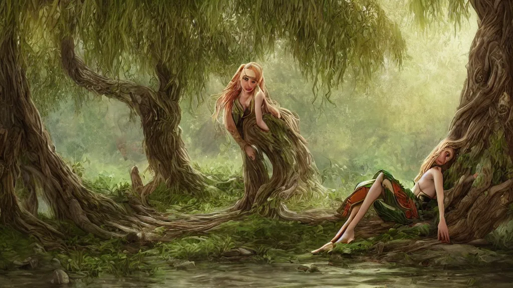 Prompt: female elf relaxing under large willow tree, natural lighting, D&D, fantasy, intricate, elegant, highly detailed, digital painting, artstation, concept art, sharp focus, illustration