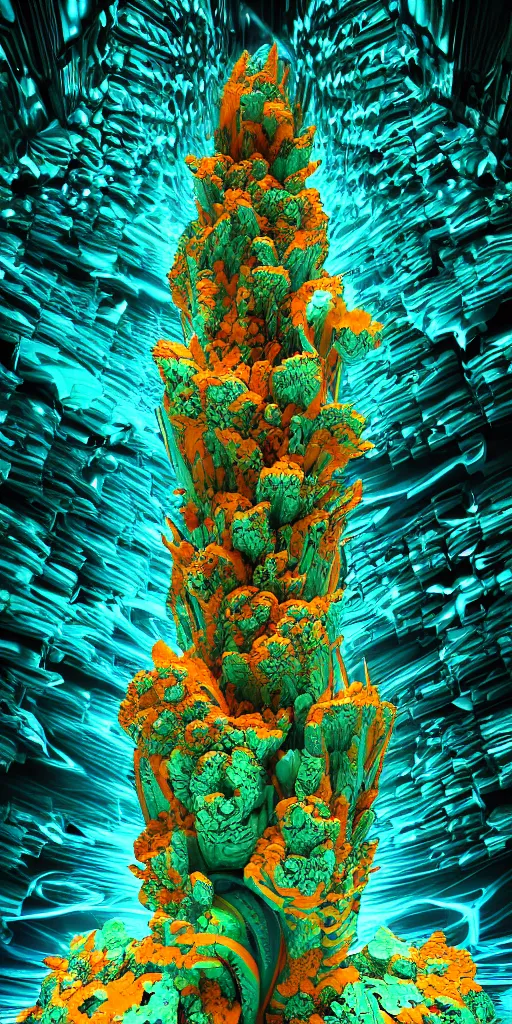 Image similar to 3 d photographic render of a deconstructed flower orange torii mandelbulb sculpture, green bioluminescent chrometype, made of liquid blue metal, neotribal with thorns and blue thunders, cyberpunk japanese temple, raytraced, hyper realistic, volumetric lightning, 8 k, by zhelong xu, ouchh and and innate studio