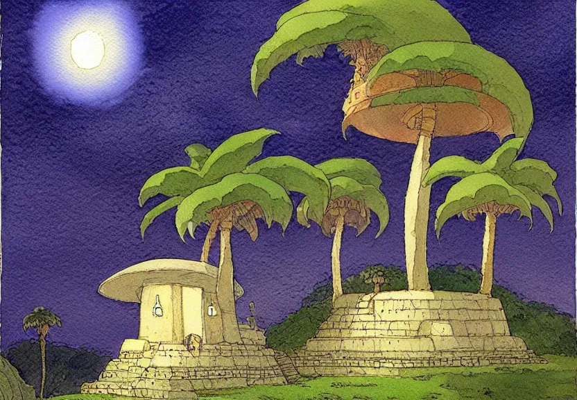 Prompt: a simple watercolor fantasy concept art of a dark grey boxy ufo next to a palm tree at night in machu pichu. by studio ghibli, rebecca guay, michael kaluta, charles vess