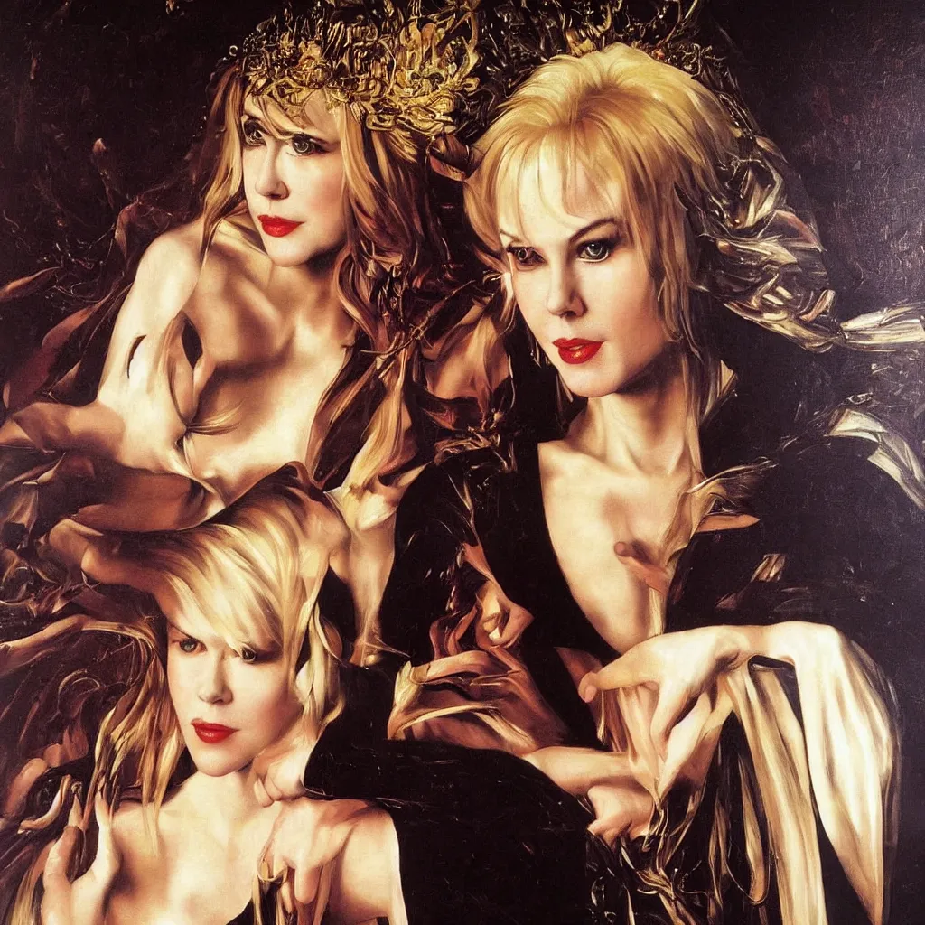 Prompt: portrait of young nicole kidman as a beautiful blonde sorceress, fantasy oil painting by caravaggio