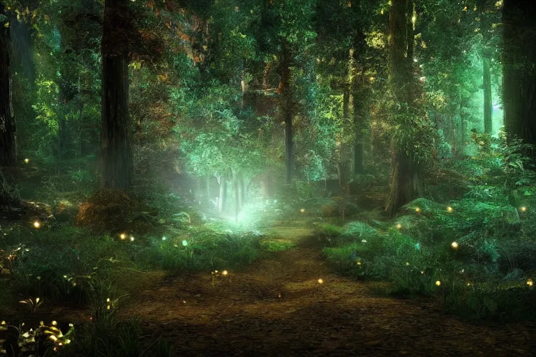 Prompt: A beautiful enchanted forest. There is a cosmic portal. Cinematic lighting. Photorealism.