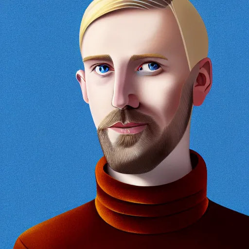 Image similar to A slender, awkward british man, with short blond hair and a very short blond beard wearing a corduroy jacket and turtleneck , blue eyes, pale skin, English heritage, digital art, cartoon, mid-shot, 8k