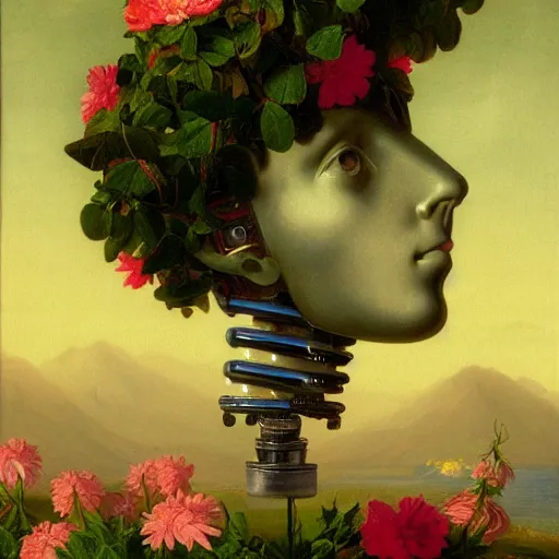 Image similar to a vaporwave painting by Thomas Cole of a robot head with flowers growing out, highly detailed