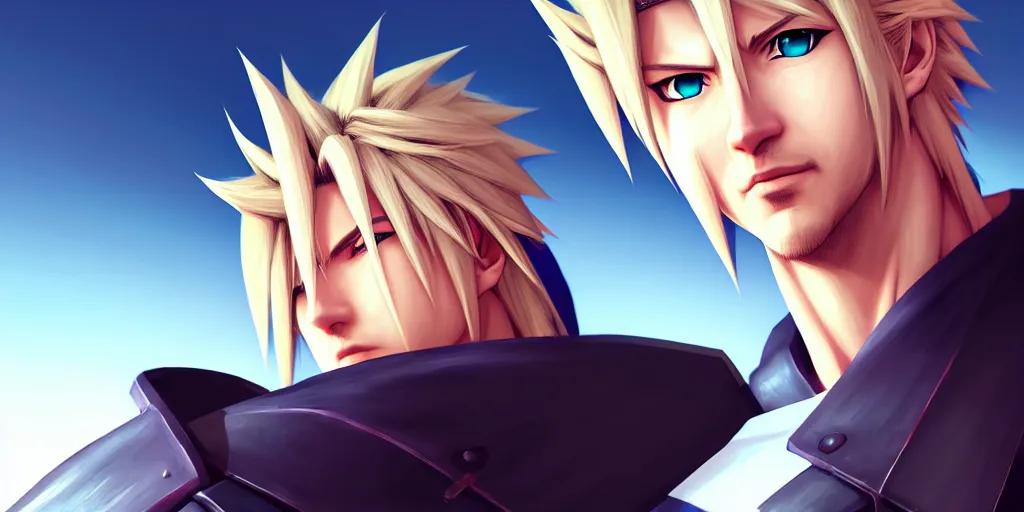 Image similar to low angle portrait of Cloud Strife from ff7, tepainting concept Blizzard pixar maya engine on stylized background splash comics global illumination lighting artstation lois van baarle, ilya kuvshinov, rossdraws