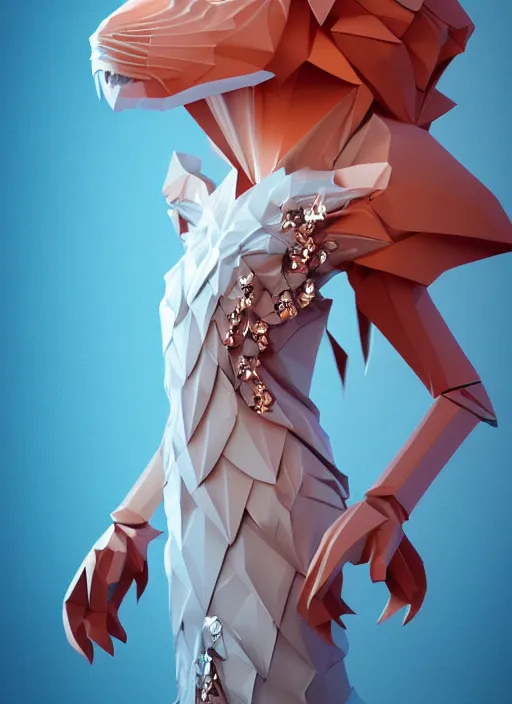 Prompt: a beautiful anthropomorphic lionness woman made out of ceramic and diamonds wearing a flowing salmon colored paper dress, a futuristic subway stop made out of origami, paper origami, many origami orchid flowers, heavenly light, 3 d, very detailed, octane render, trending artstation, artgem