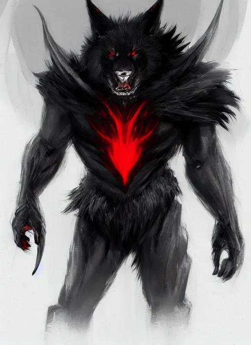 Prompt: A concept art of a big and bulky humanoid wolf with black fur, giant black sword, glowing red eyes, evil look. In style of Hyung-tae Kim, Greg Rutkowski and Larry Elmore, concept art, trending on ArtStation, Korean MMORPG, over-detailed art, 8K, epic, dynamic lightning, dynamic pose, half body portrait.