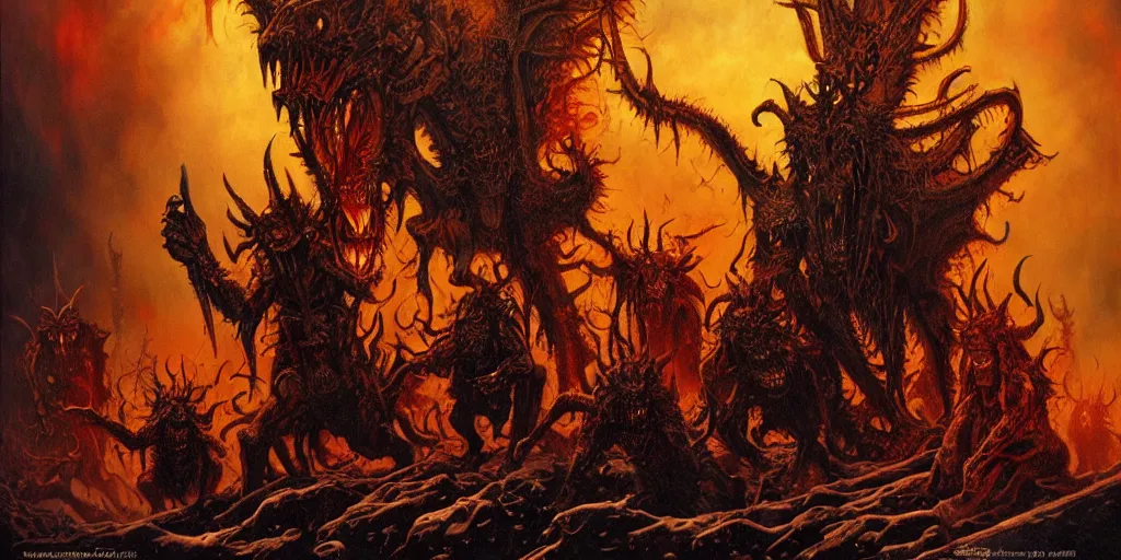 Image similar to the apocalypse, hellfire, demons, highly detailed, les edwards