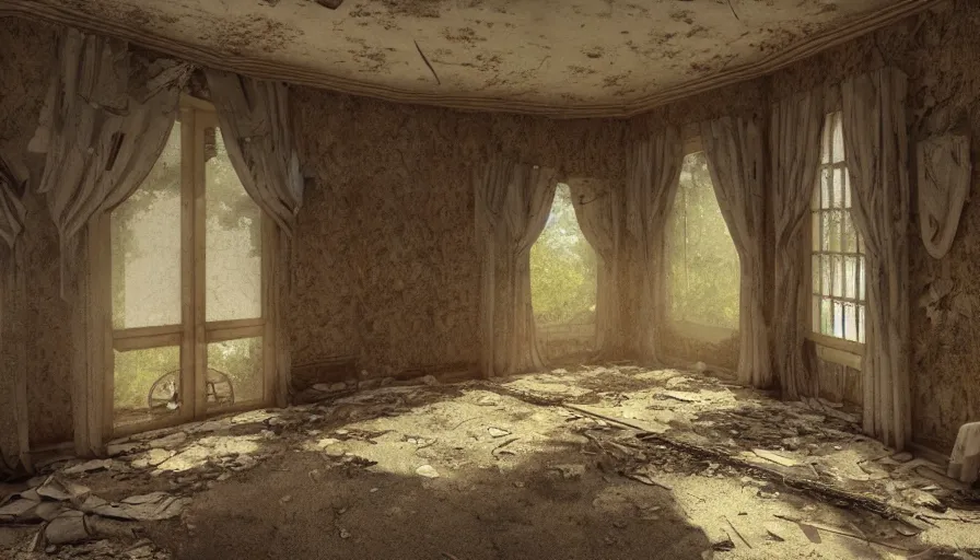Prompt: abandoned 7 0's manor, dusty furnitures, sunlight through broken dusty windows, curtains floating in the wind, dust particles, old yellowed wallpaper, hyperdetailed, artstation, cgsociety, 8 k