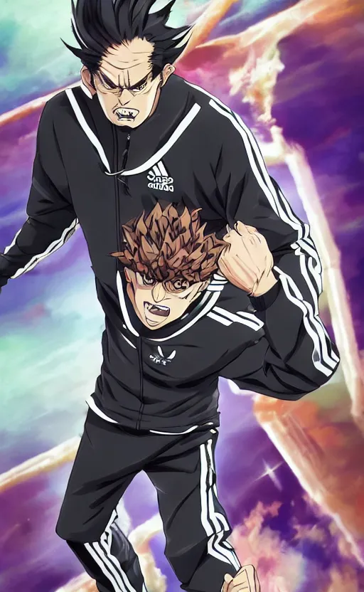 Image similar to Angry man in black Adidas tracksuit in JoJo's bizarre adventure anime style