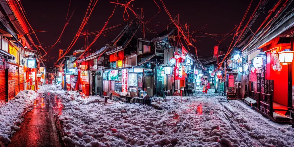 Prompt: a city street at night with a Japanese shrine on it, snowing, photograph, cyberpunk, sharp focus, intricate detail, drone shot, high resolution, 8k, neon streetlights, wires hanging down everywhere, Japan, colourful,,