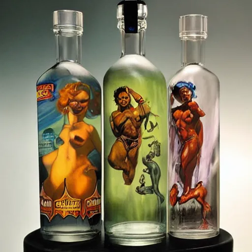 Prompt: glass vodka bottle by boris vallejo, frank frazetta, julie bell, salvador dali, larry elmore, keith parkinson and lyde caldwell