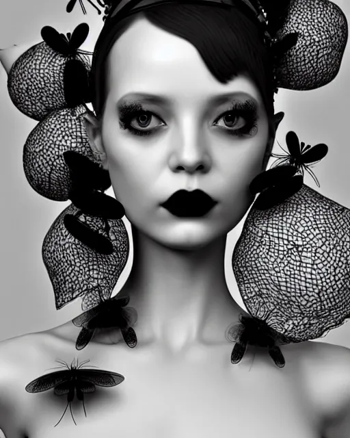 Prompt: dreamy surreal poetic black and white 3D render of a beautiful young porcelain female-creature-cyborg-vegetal with a very long neck and a super big gothic lace collar filled with dead flies and a very high big floral crown with many black dry roses:: smoke, high fashion, haute couture, rococo, avant-garde, elegant, dreamy, hyper realistic, 150 mm lens, avatar Second Life, Anouk A., soft rim light, octane render, unreal engine, volumetric lighting, dramatic light,8k,