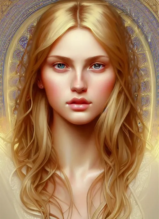 Image similar to face of feminine perfection!! concept art portrait of young wife blessed by god with ever - increasing physical mental perfection, blonde, symmetrical! intricate, sensual features, highly detailed, biblical!! holy perfection!! digital painting, artstation, smooth, sharp focus, illustration, art by artgerm and greg rutkowski and alphonse mucha