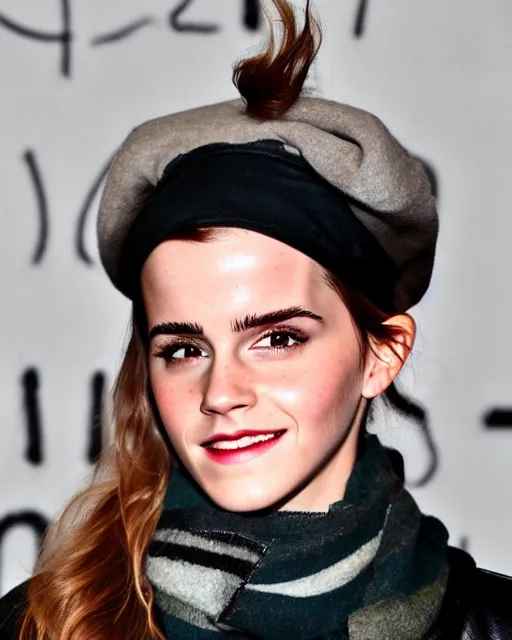 Prompt: headshot of a smiling, emma watson, she is wearing a leather bomber cap on her head, she is also wearing an a 2 flight jacket, a long green wool scarf is wrapped around her neck