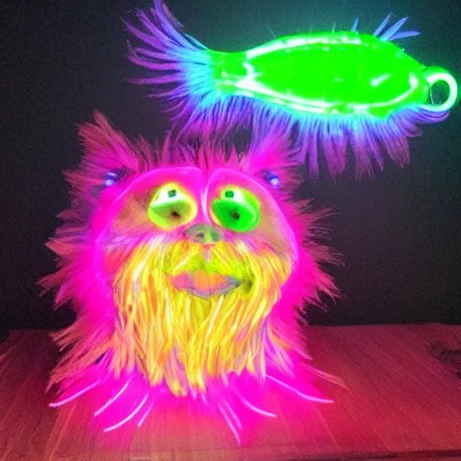Prompt: a cat of bioluminescent aquatic themed puppets aimed to bring awareness to ocean pollution, in the style of muppets, black light, lighting from spongebob the musical on broadway, neon, real, photograph, cinematic