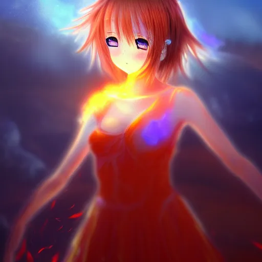 Image similar to advanced digital anime art, a very cute gorgeous teenage girl made of fire and ice with red fiery watery eyes glancing over her left shoulder wearing a dress made of water is standing in an apocalyptic burning city, full body, full round face, dramatic cinematic lighting, highly intricately detailed, medium shot, mid-shot, trending on pixiv, Artstation, Sakimimichan