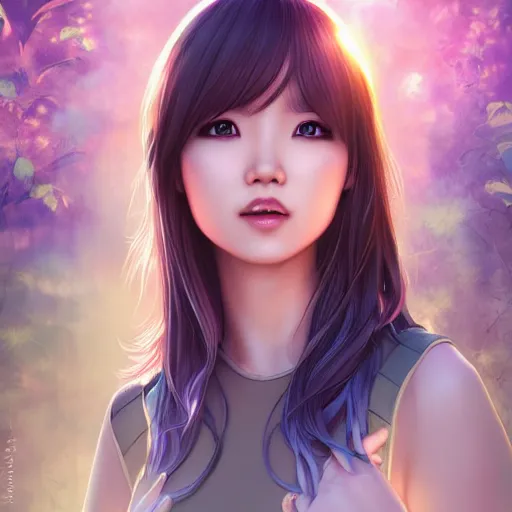 Prompt: detailed symmetry!!, ( cute asian woman who has purple middle - length hair with bangs ), by artgerm and charlie bowater and chris rallis, global illumination, radiant light, god rays, bokeh, digital illustration, cg society, unreal engine 5, ray tracing