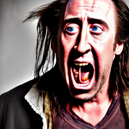 Image similar to uhd candid photo of dirty, homeless nicholas cage ranting maniacally in the street. skid row. correct face, accurate face, exaggerated features, intricate details, hyperdetailed, accurate face, studio lighting, photorealistic. photo by annie leibowitz