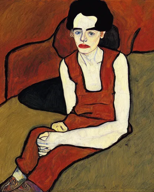 Prompt: portrait of young female on the sofa reading from ipad, in the style of Egon Schiele