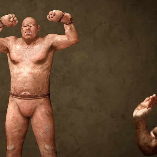 Image similar to Live Action Still Pig Man As Boxer with his hands raised in victory, real life, hyperrealistic, ultra realistic, realistic, highly detailed, epic, HD quality, 8k resolution, body and headshot, film still,Exquisite detail, post-processing, masterpiece, Cinematic Lighting, Unreal Engine, 8k, HD