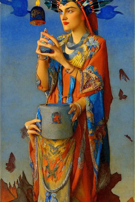 Prompt: queen of the dawn with her lantern and birds, by Nicholas Roerich and Gaston Bussière, elaborate headdress and embroidered velvet, iridescent beetles, rich color, dramatic cinematic lighting, extremely detailed