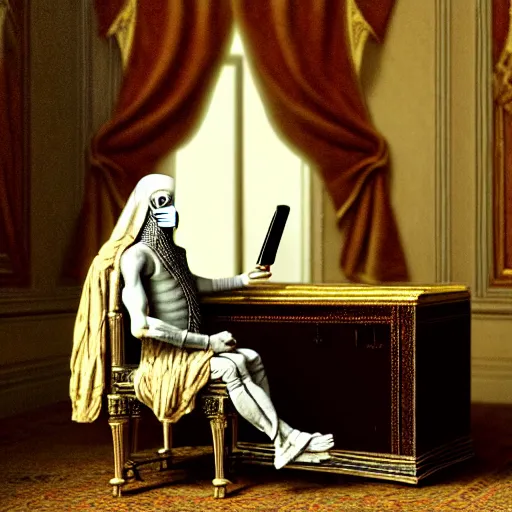 Image similar to An extremely detailed render of a mummy in very old clothes, sitting at his Louis XIV desk, with very old curtains in the room, very old room. The very very very old man has a 1880 phone on his desk. Dust in the air, god rays, raytracing shadows, ambient occlusion, 8K, RTX 3090, trending on artstation, lumens