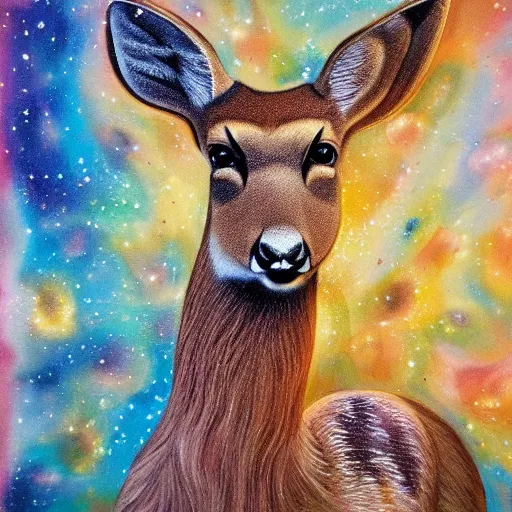 Prompt: wild deer in space, mural art