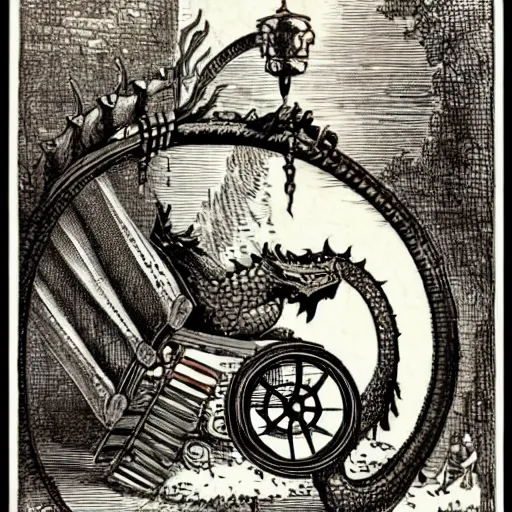 Image similar to a dragon with victorian machine on it's side, book illustration